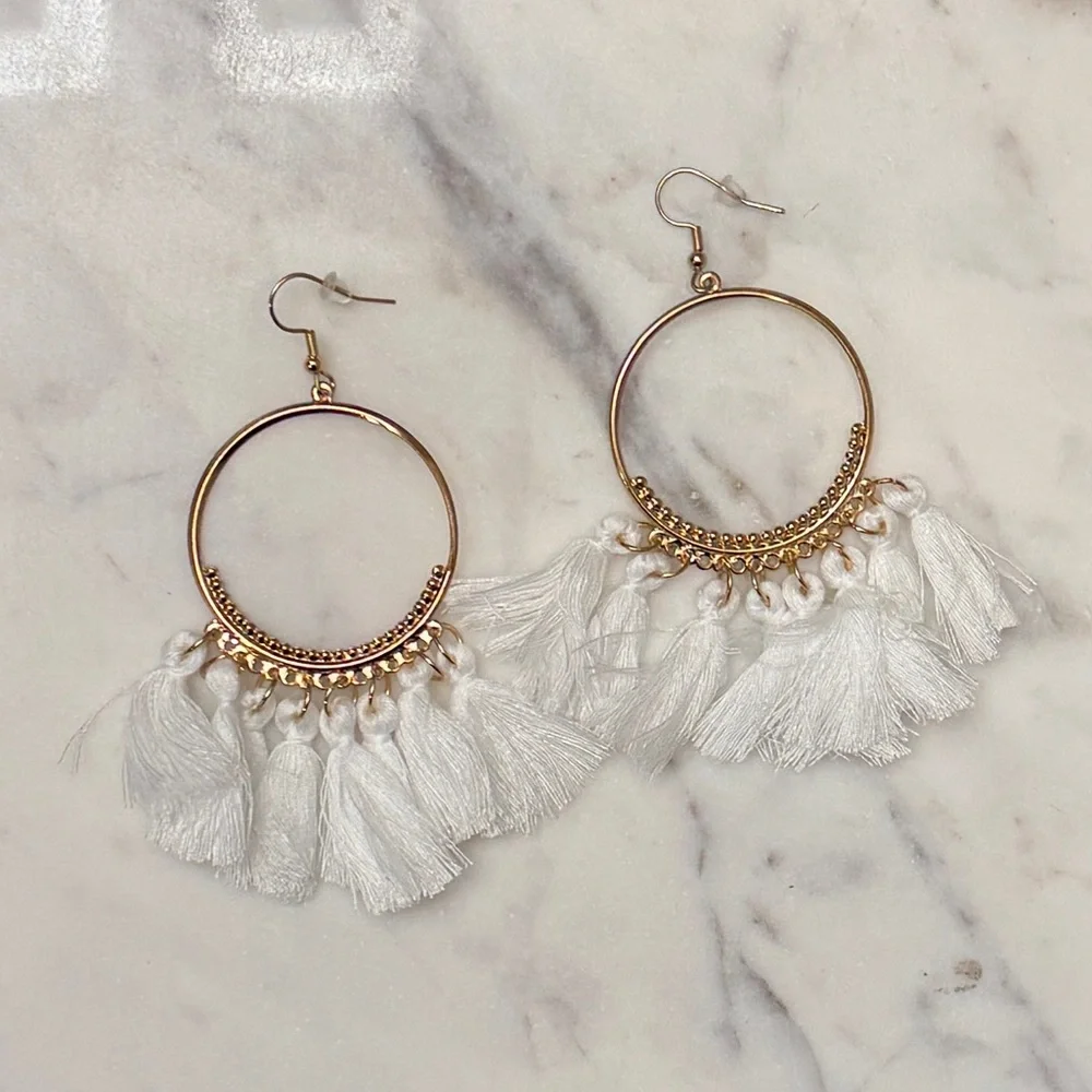 NWOT Gold and White Tassel Hoop Earrings - Picture 1 of 2